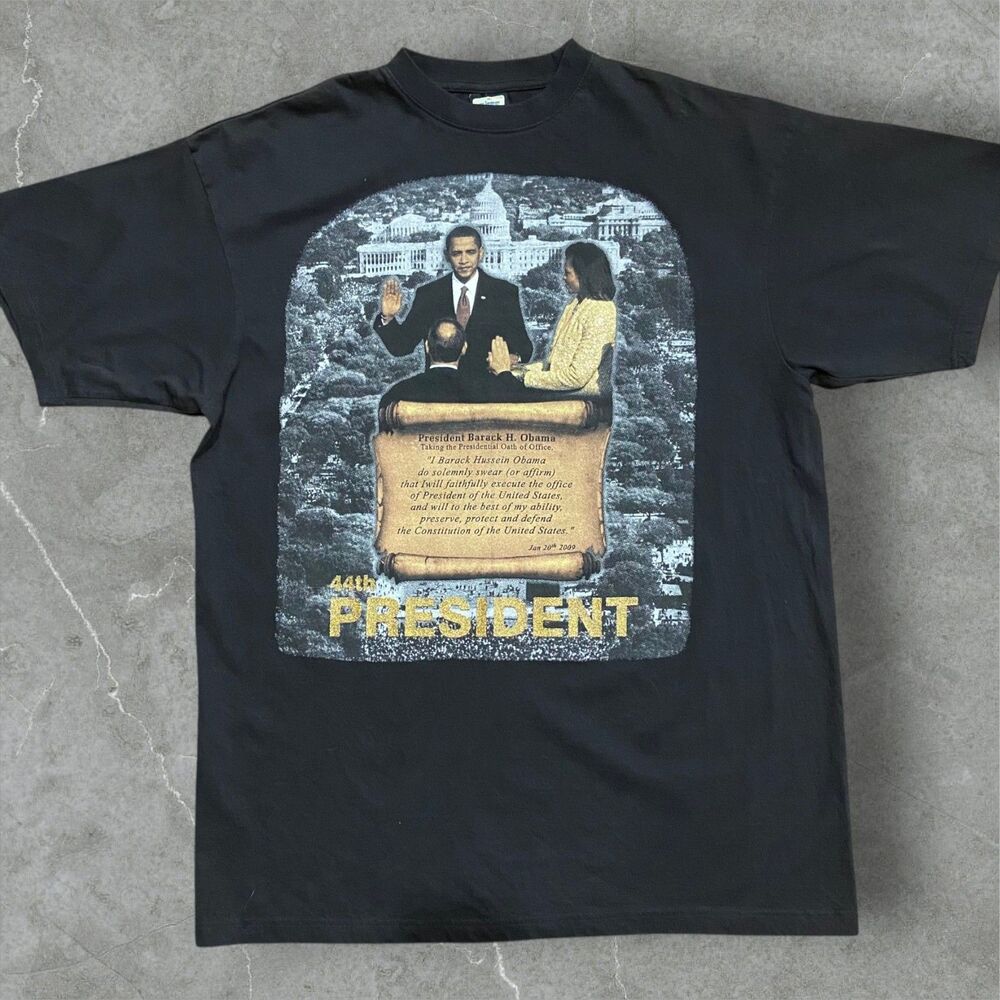 Justee Y2K 2009 Barack Obama Inauguration 44th President Tee Black Gold Mens 2XL